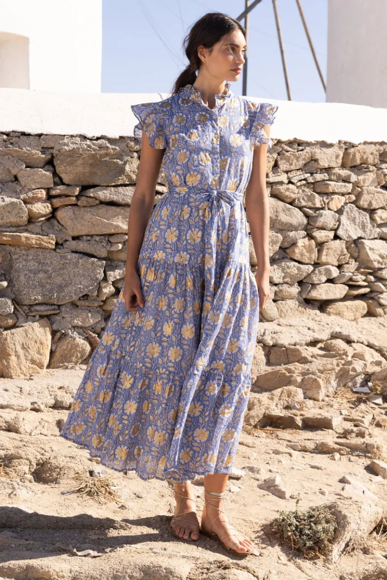 Ruffle Collar Button Maxi- Mughal Blue