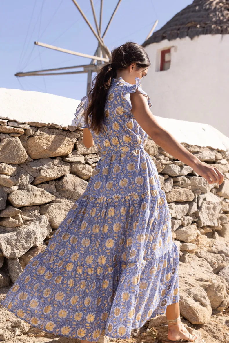 Ruffle Collar Button Maxi- Mughal Blue