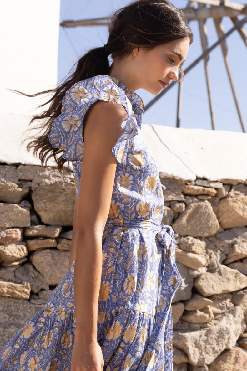 Ruffle Collar Button Maxi- Mughal Blue