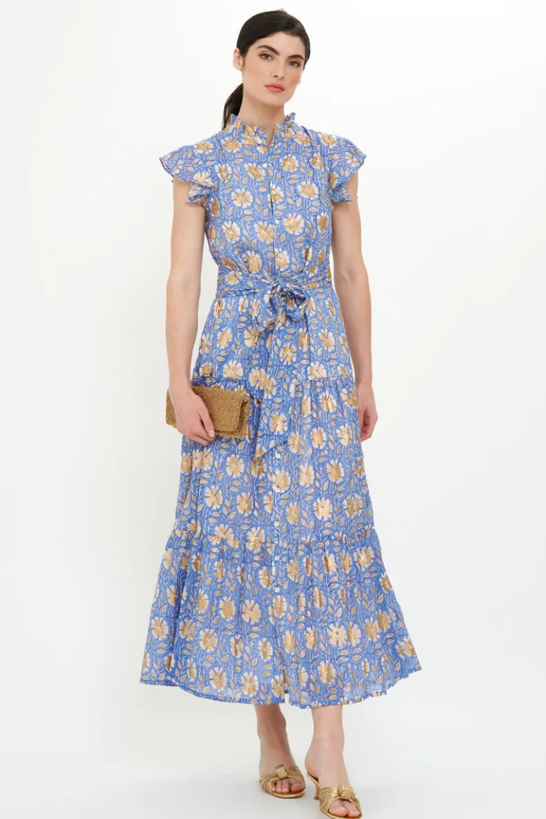 Ruffle Collar Button Maxi- Mughal Blue
