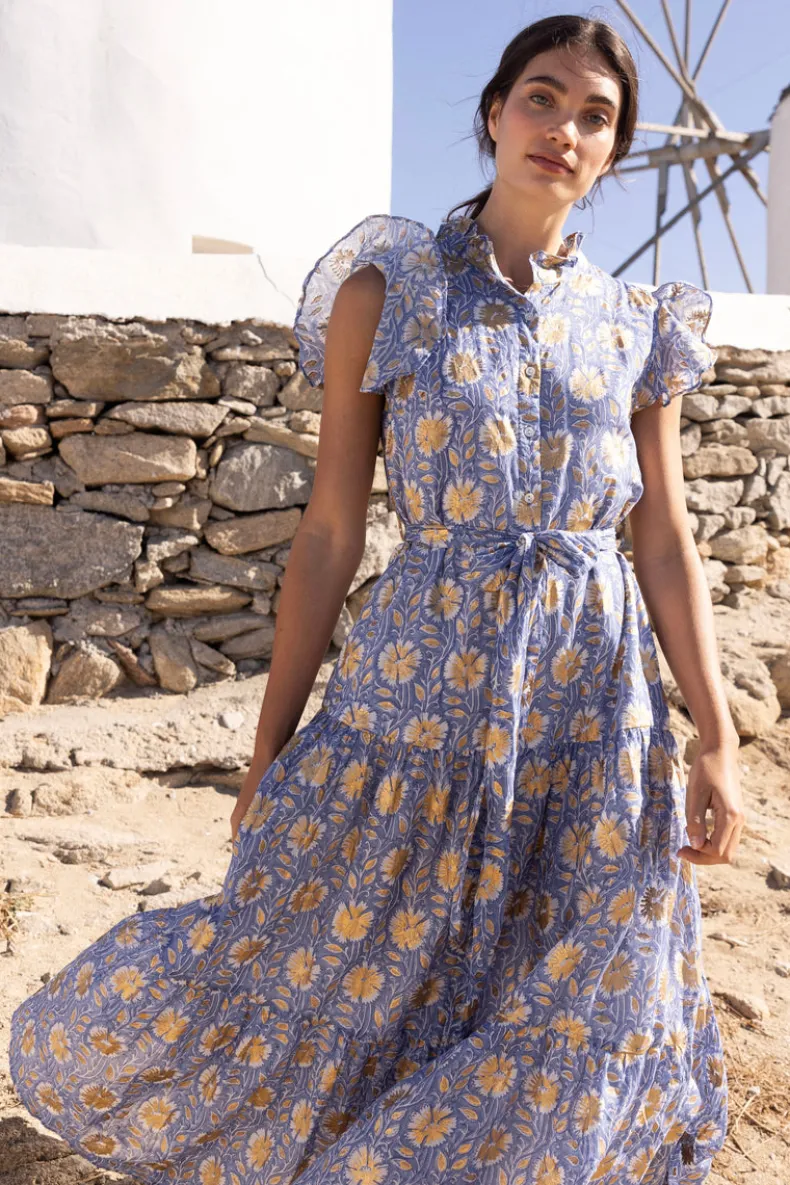 Ruffle Collar Button Maxi- Mughal Blue