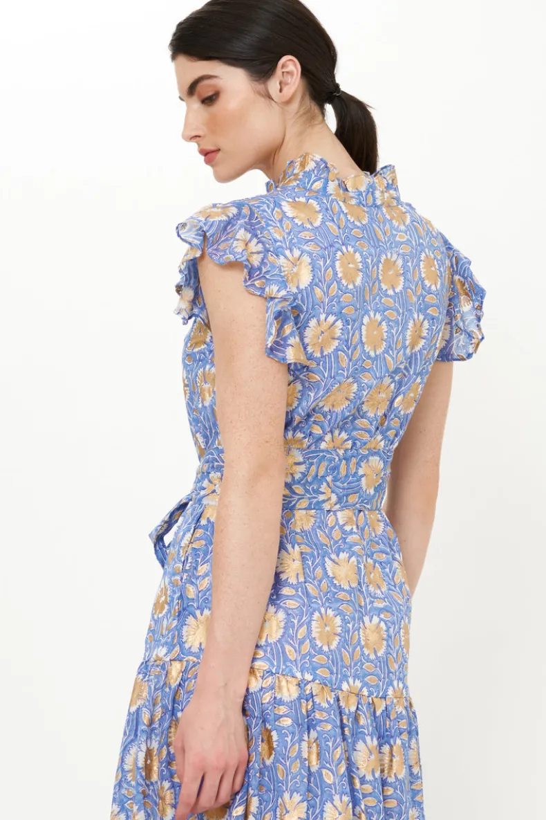 Ruffle Collar Button Maxi- Mughal Blue