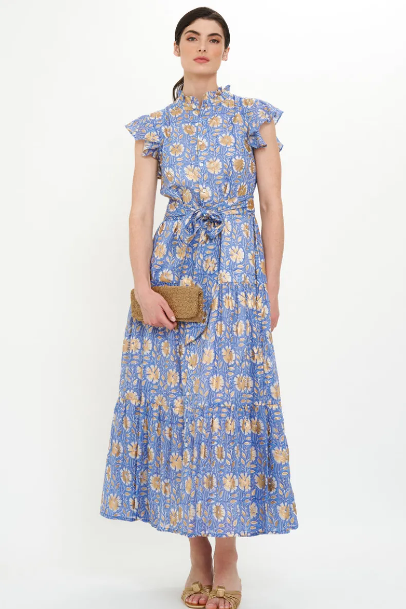 Ruffle Collar Button Maxi- Mughal Blue
