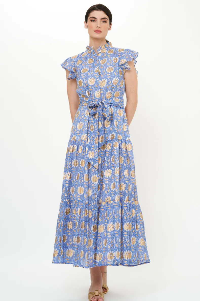 Ruffle Collar Button Maxi- Mughal Blue