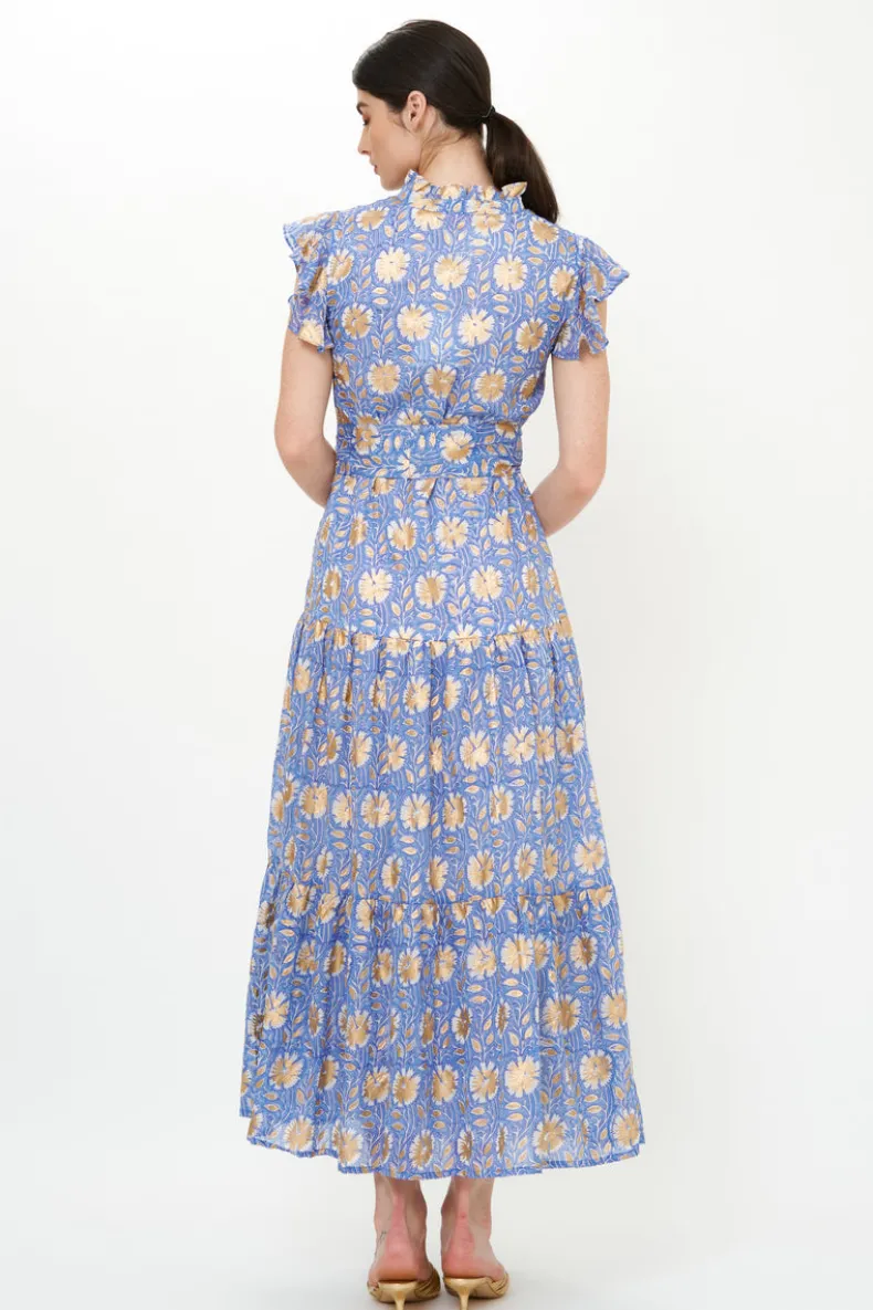 Ruffle Collar Button Maxi- Mughal Blue