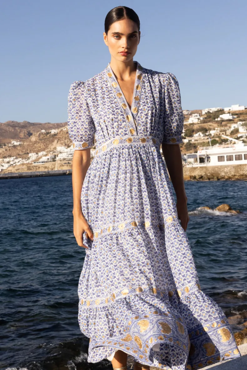 V-Neck Cuffed Maxi- Veranda Blue