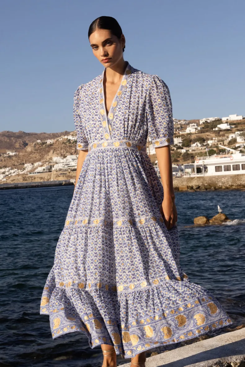 V-Neck Cuffed Maxi- Veranda Blue