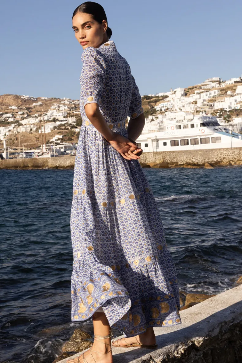 V-Neck Cuffed Maxi- Veranda Blue