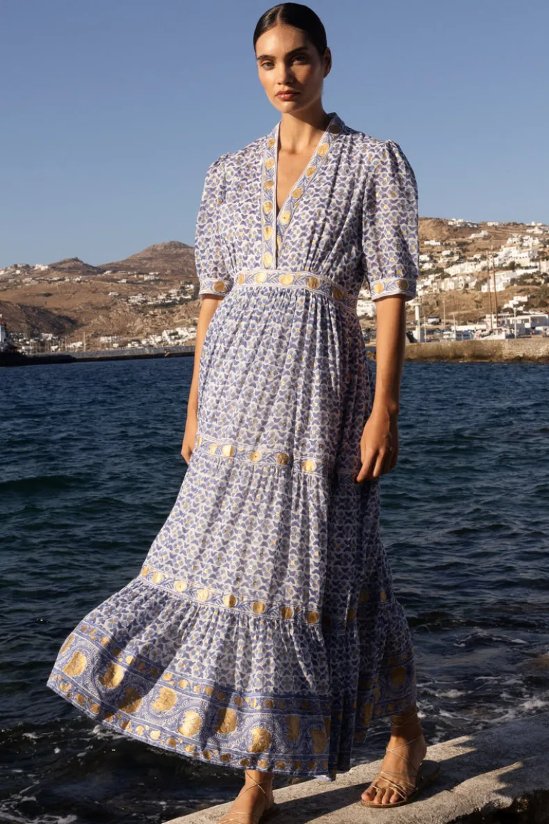 V-Neck Cuffed Maxi- Veranda Blue