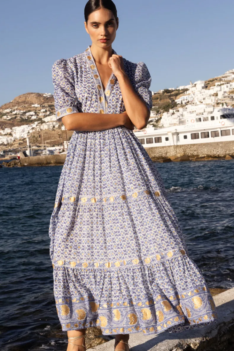 V-Neck Cuffed Maxi- Veranda Blue