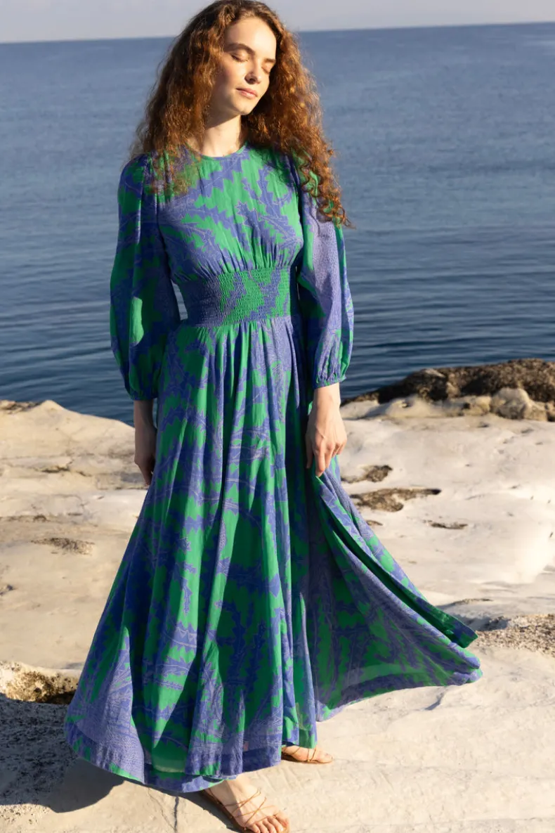Crew Neck Smocked Waist Maxi- Thistle Green