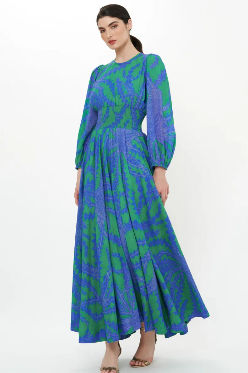 Crew Neck Smocked Waist Maxi- Thistle Green
