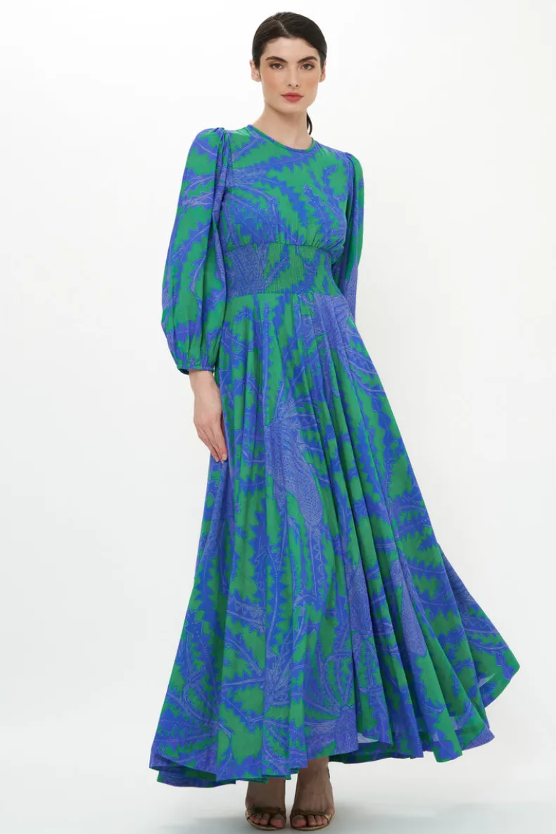 Crew Neck Smocked Waist Maxi- Thistle Green