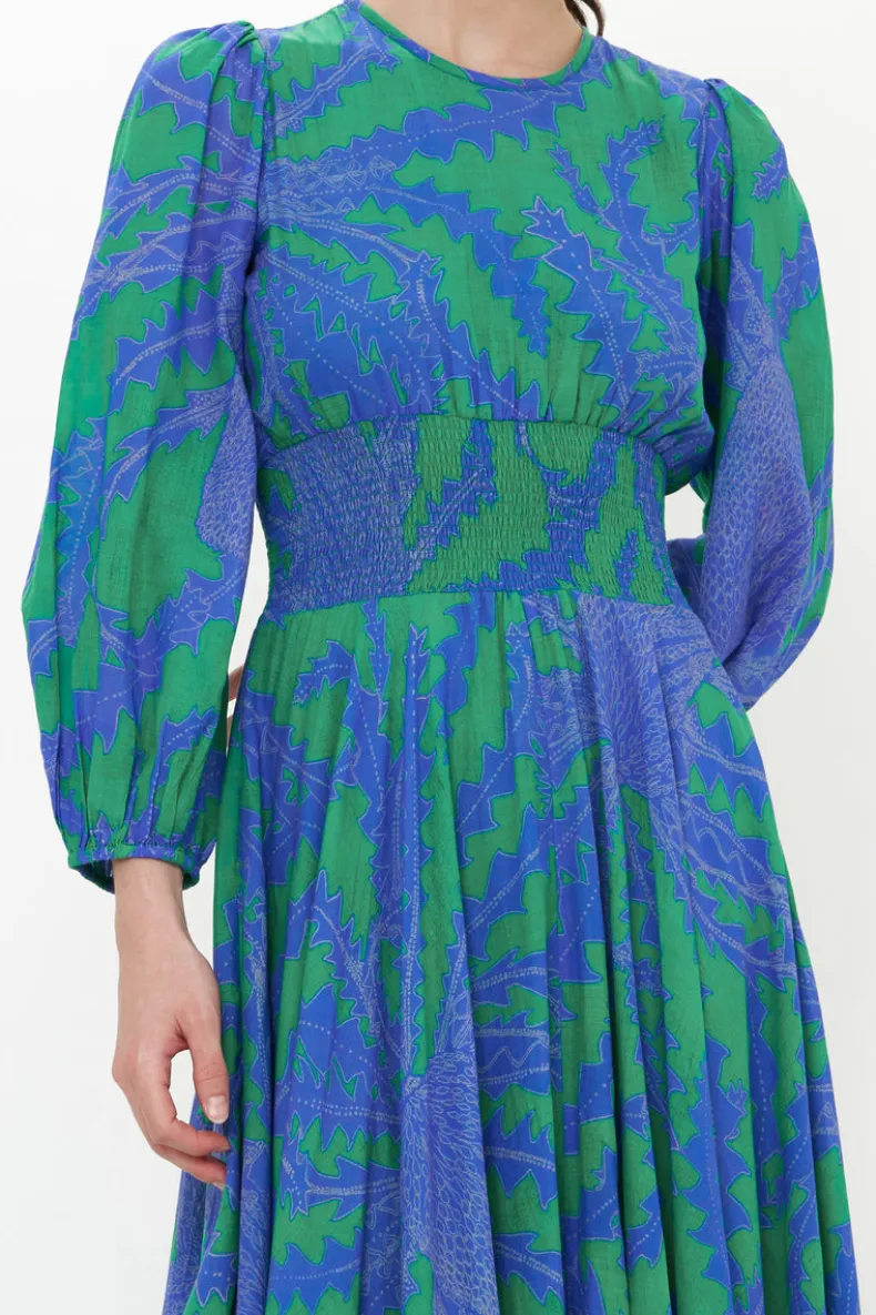 Crew Neck Smocked Waist Maxi- Thistle Green