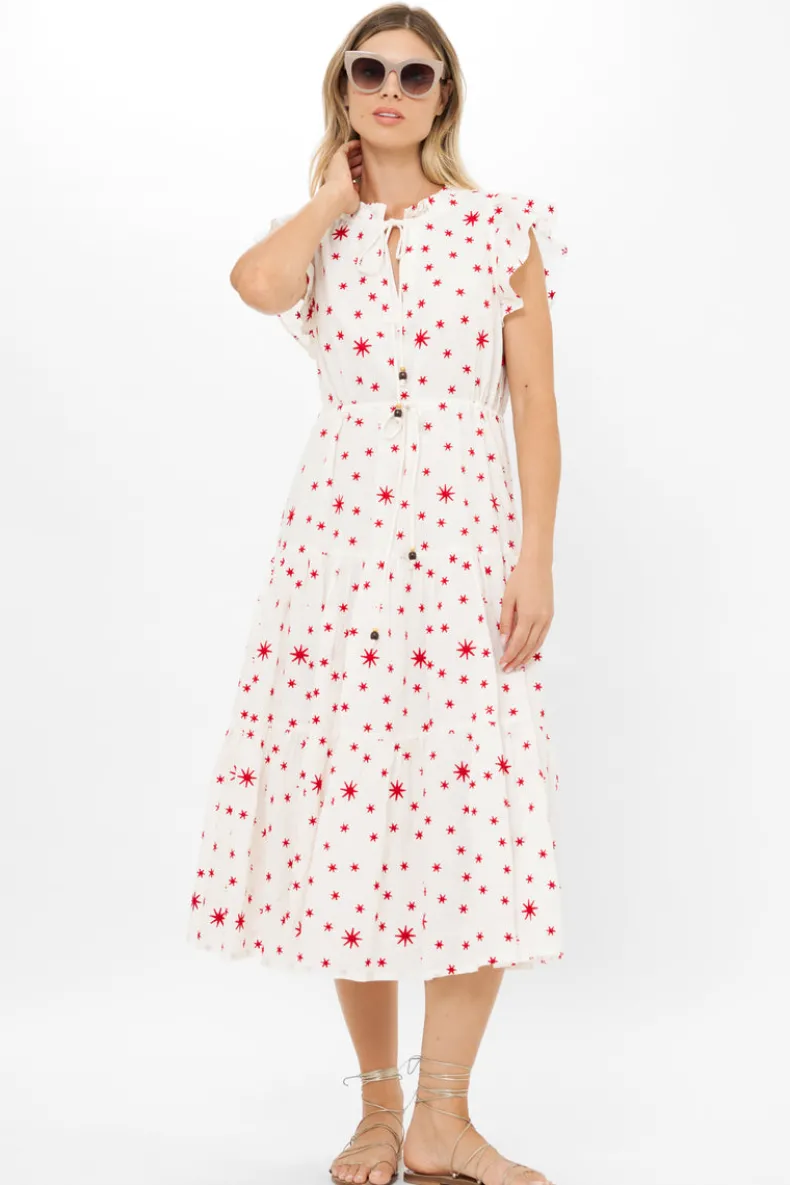 Cinched Flirty Midi- Ellsworth Red