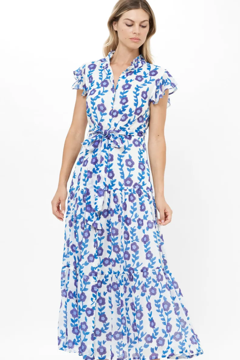 Ruffle Collar Button Maxi- Toscana Blue
