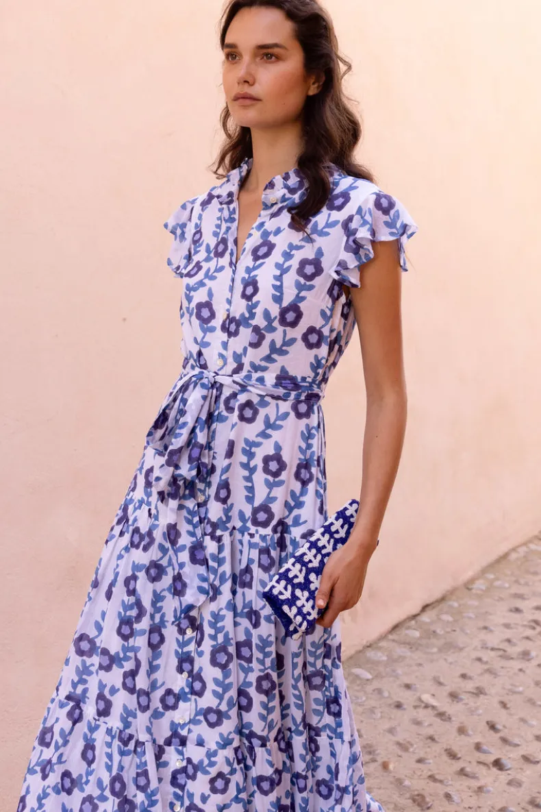 Ruffle Collar Button Maxi- Toscana Blue