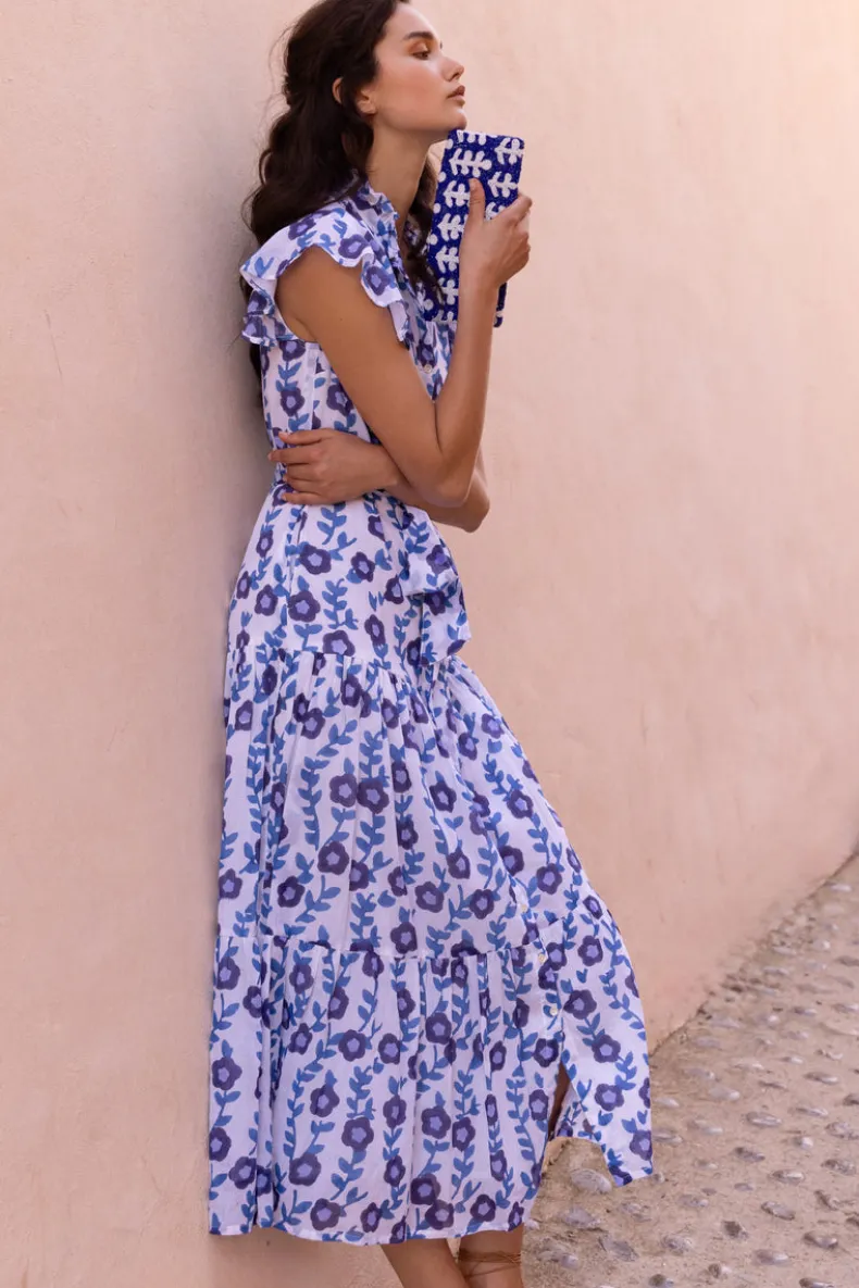 Ruffle Collar Button Maxi- Toscana Blue