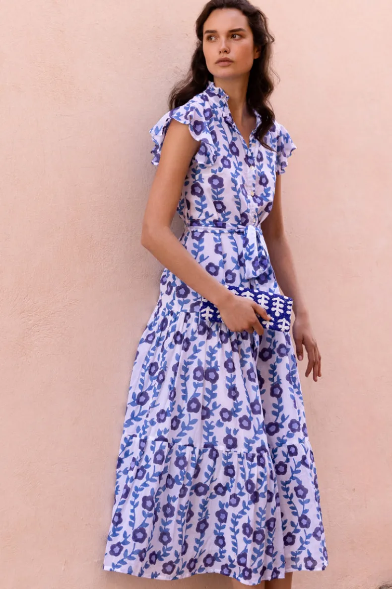 Ruffle Collar Button Maxi- Toscana Blue