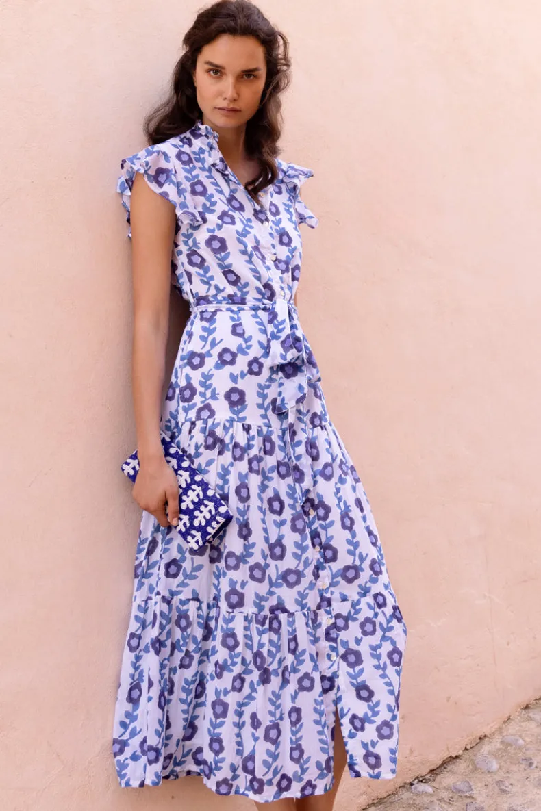 Ruffle Collar Button Maxi- Toscana Blue