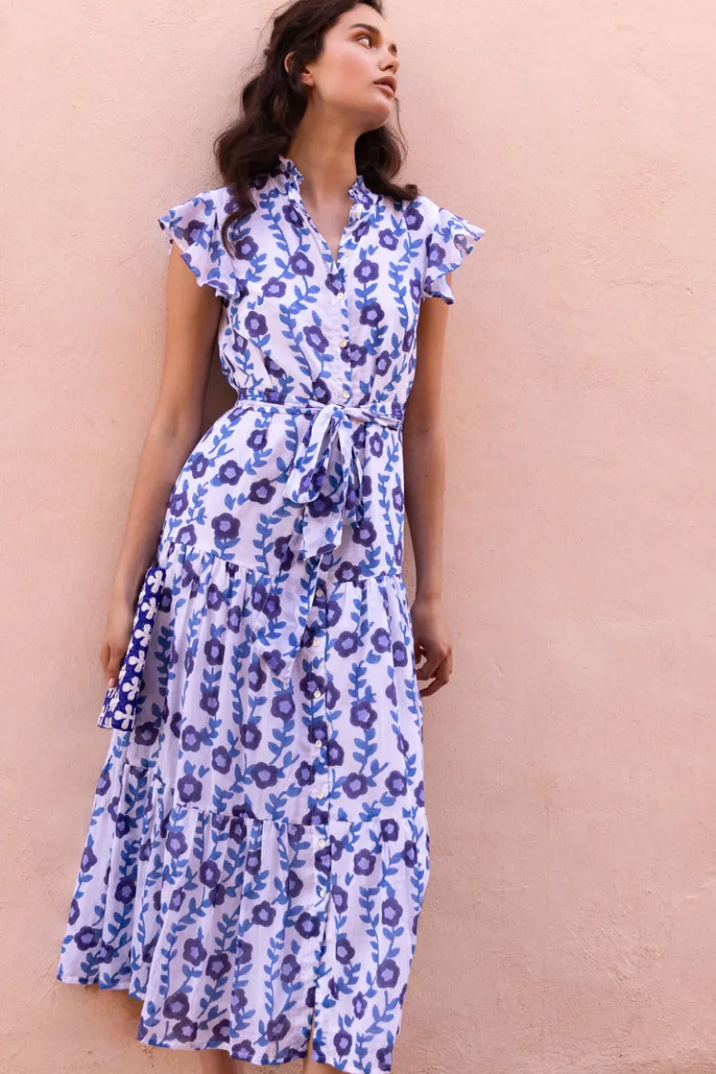 Ruffle Collar Button Maxi- Toscana Blue