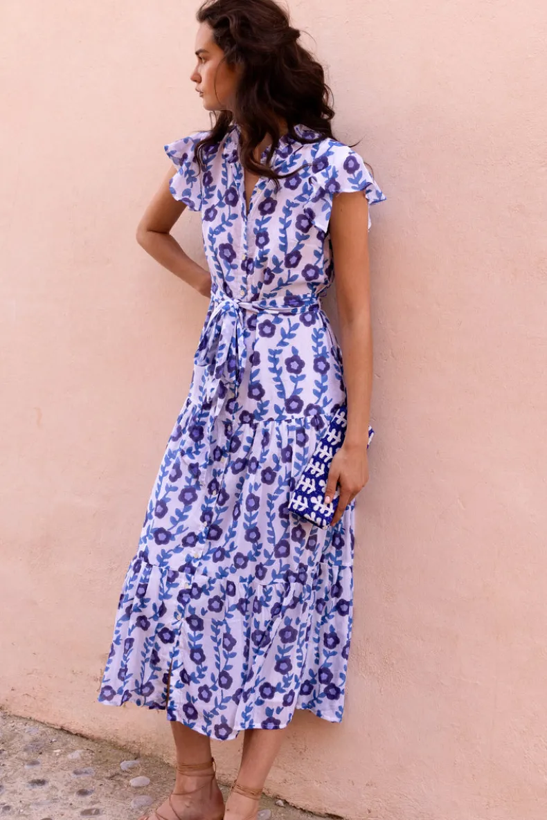 Ruffle Collar Button Maxi- Toscana Blue