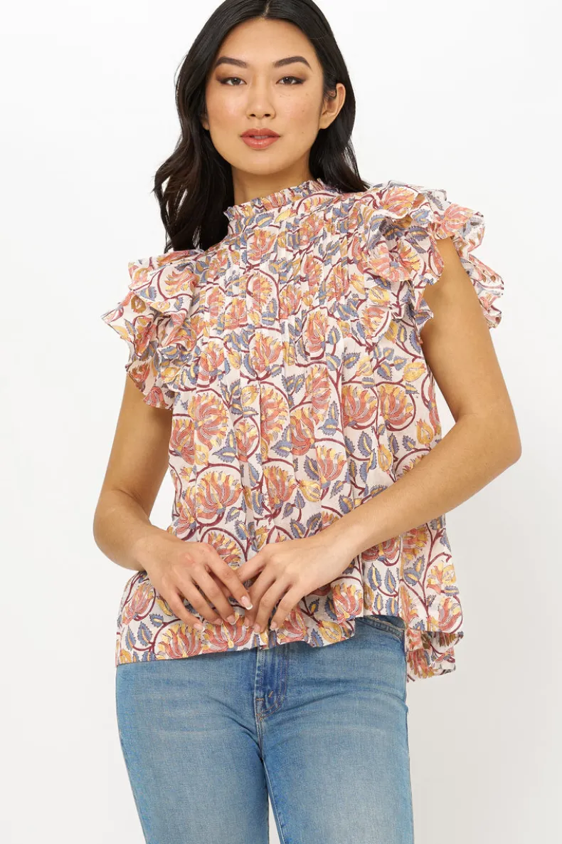 Pintuck Ruffle Top- Montenegro Coral