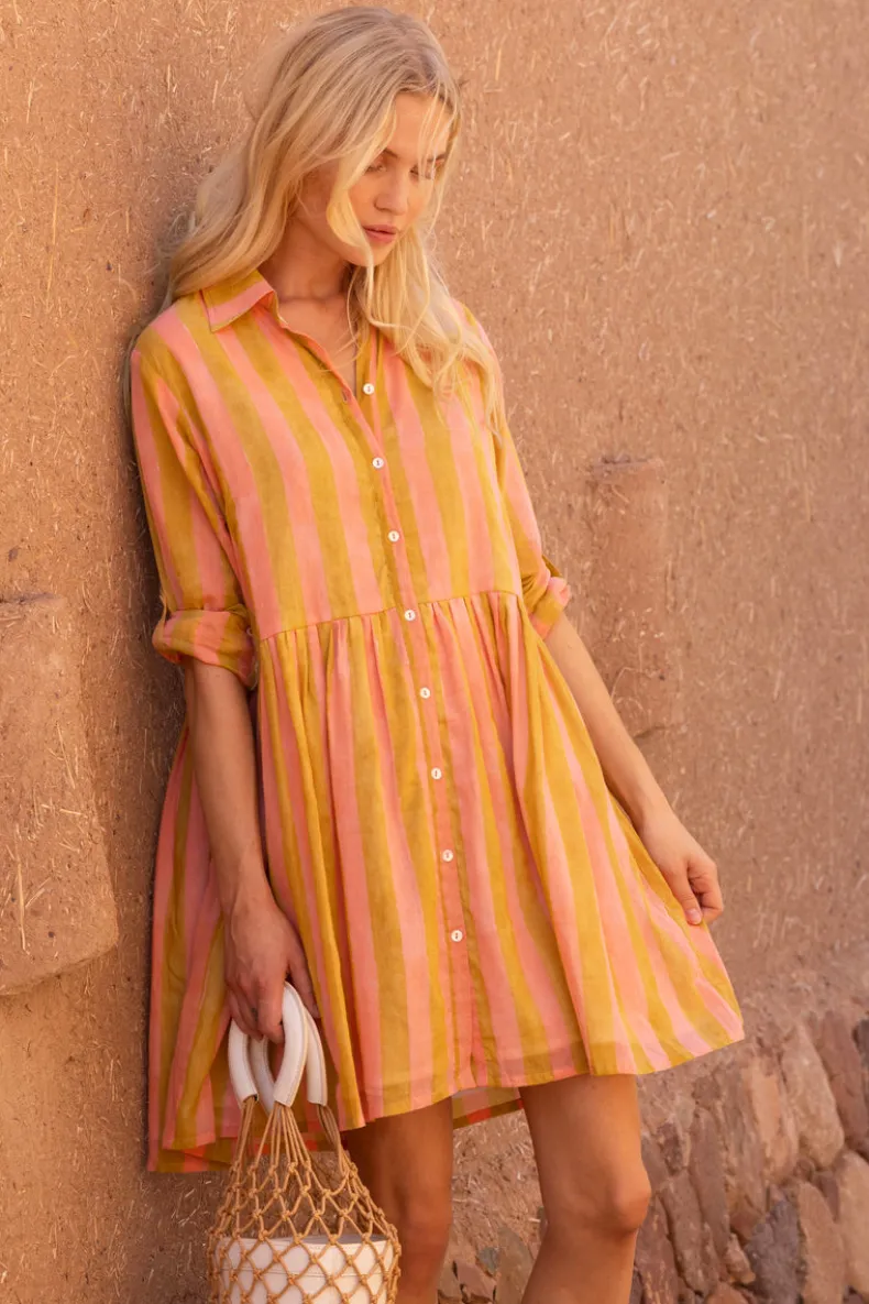 Long Sleeve Shirt Dress Mini- Cabana Coral